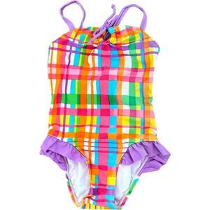 Beach Native one piece bathing suit little girls size 4 plaid colorful Ruffle